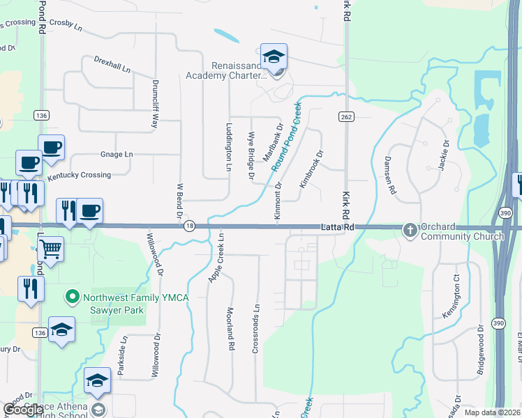 map of restaurants, bars, coffee shops, grocery stores, and more near 2688 Latta Road in Rochester