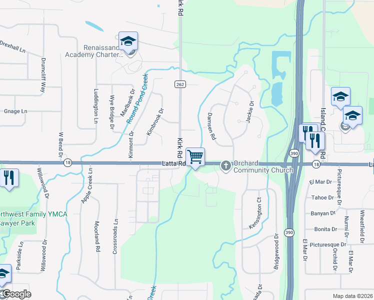 map of restaurants, bars, coffee shops, grocery stores, and more near 52 Kirk Road in Rochester