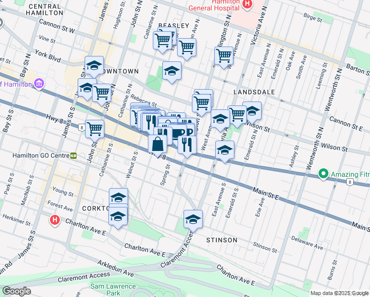 map of restaurants, bars, coffee shops, grocery stores, and more near 329 King Street East in Hamilton