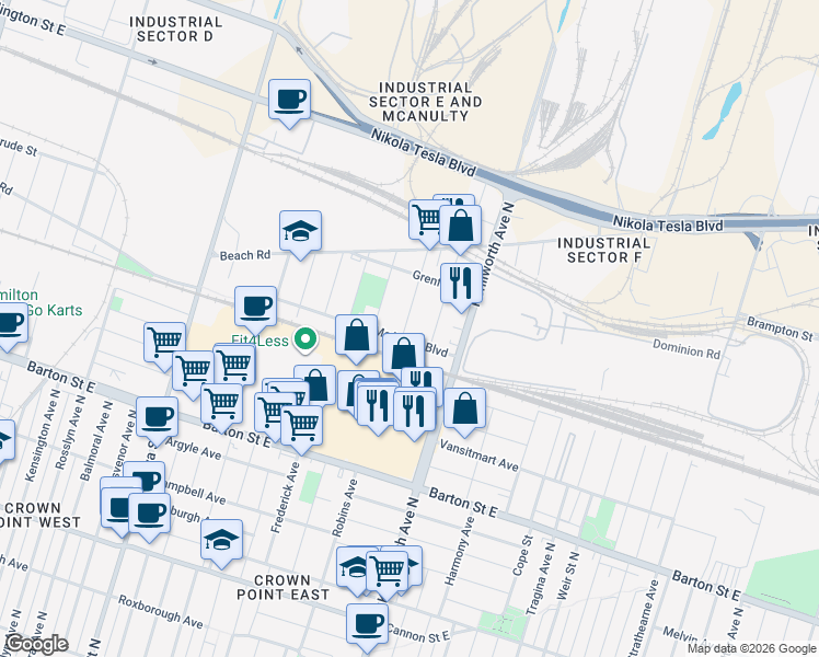 map of restaurants, bars, coffee shops, grocery stores, and more near 14 Martimas Avenue in Hamilton