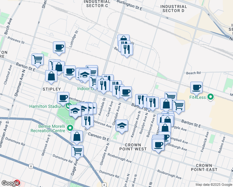 map of restaurants, bars, coffee shops, grocery stores, and more near 192 Cavell Avenue in Hamilton