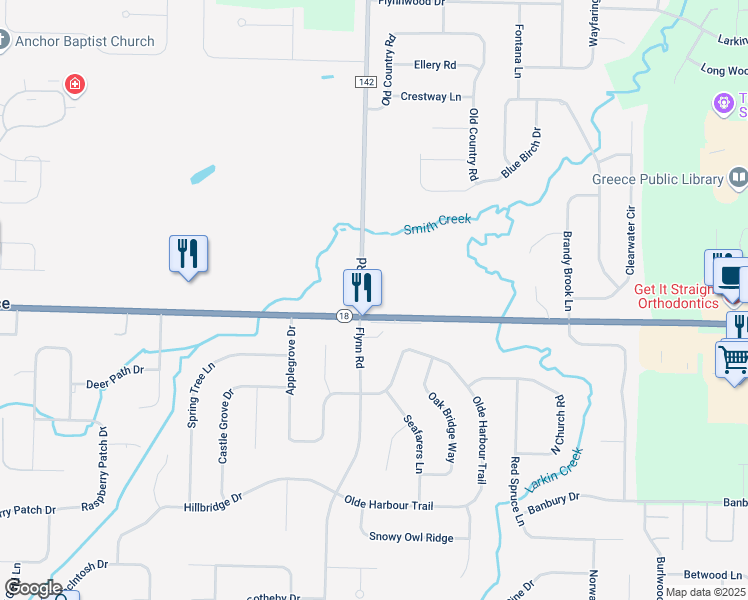 map of restaurants, bars, coffee shops, grocery stores, and more near 1100 Flynn Road in Rochester