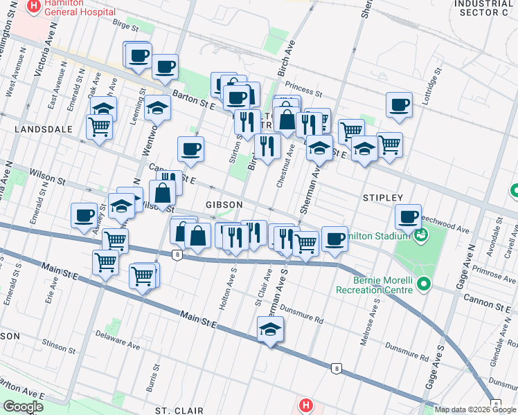 map of restaurants, bars, coffee shops, grocery stores, and more near 570 Cannon Street East in Hamilton