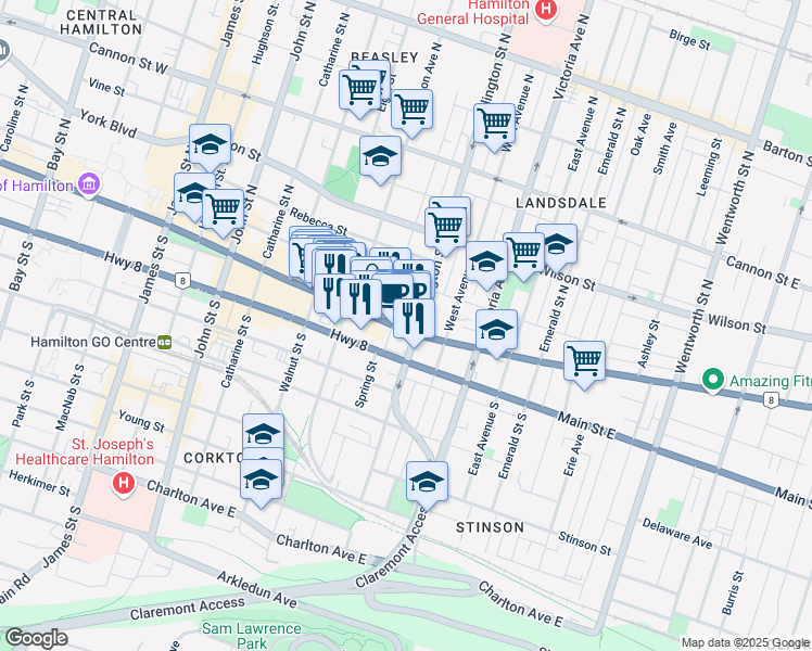 map of restaurants, bars, coffee shops, grocery stores, and more near in Hamilton