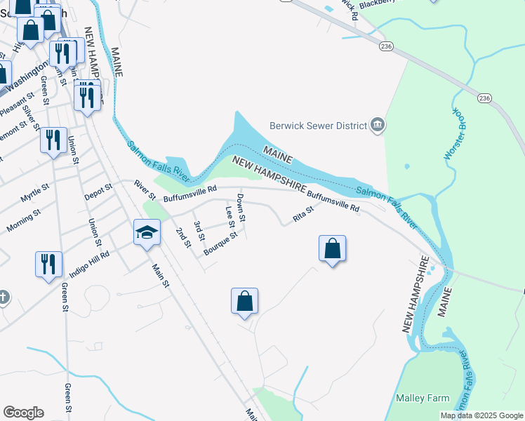 map of restaurants, bars, coffee shops, grocery stores, and more near 145 Indigo Hill Road in Somersworth