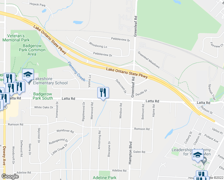 map of restaurants, bars, coffee shops, grocery stores, and more near 720 Latta Road in Rochester