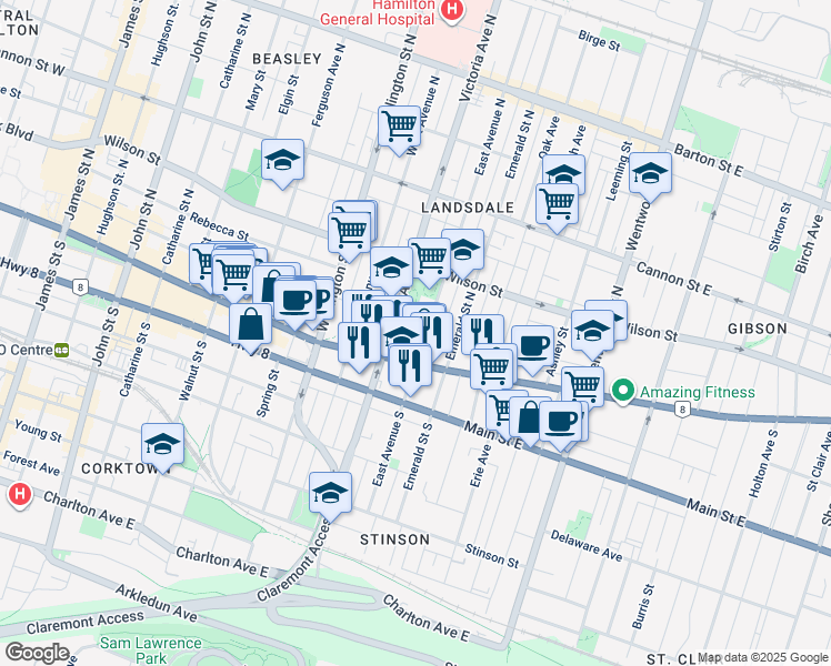 map of restaurants, bars, coffee shops, grocery stores, and more near 340 King William Street in Hamilton