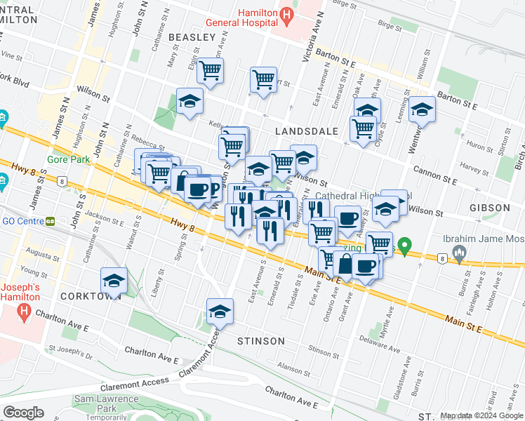 map of restaurants, bars, coffee shops, grocery stores, and more near 340 King William Street in Hamilton