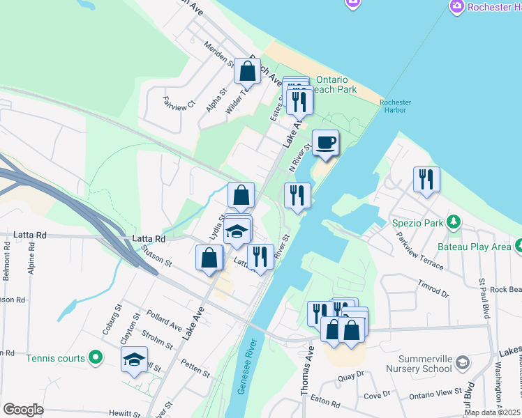 map of restaurants, bars, coffee shops, grocery stores, and more near 4560 Lake Avenue in Rochester