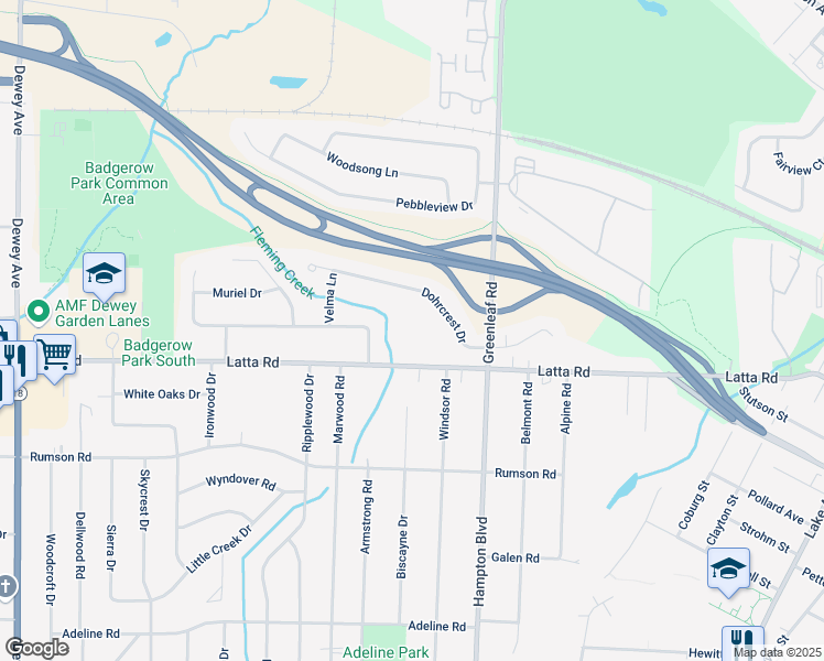 map of restaurants, bars, coffee shops, grocery stores, and more near 720 Latta Road in Rochester