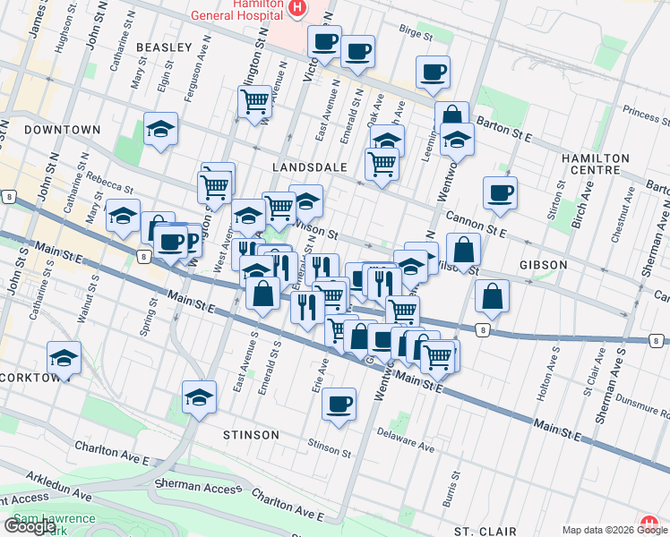 map of restaurants, bars, coffee shops, grocery stores, and more near 40 Tisdale Street North in Hamilton