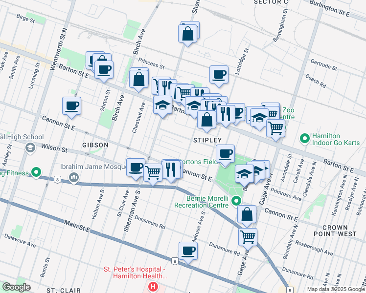 map of restaurants, bars, coffee shops, grocery stores, and more near 55 Rosemont Avenue in Hamilton