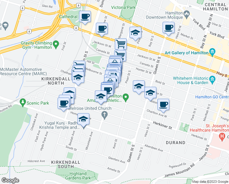 map of restaurants, bars, coffee shops, grocery stores, and more near 6 Alexander Street in Hamilton