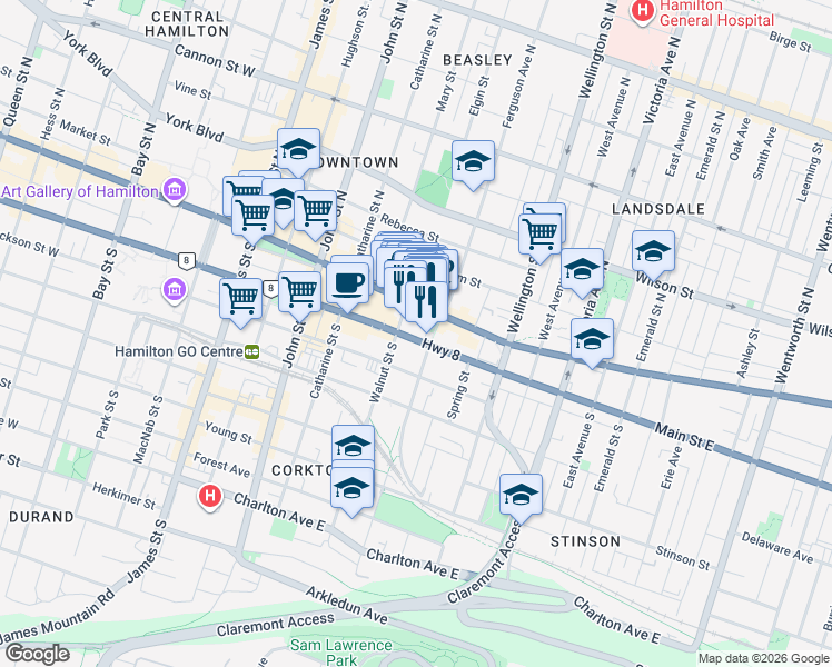 map of restaurants, bars, coffee shops, grocery stores, and more near 171 Main Street East in Hamilton