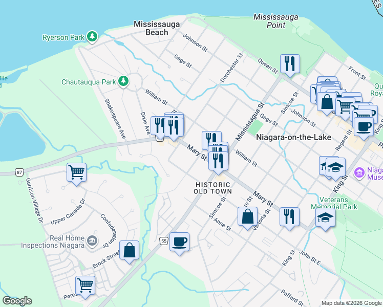 map of restaurants, bars, coffee shops, grocery stores, and more near 314 Mary Street in Niagara-on-the-Lake