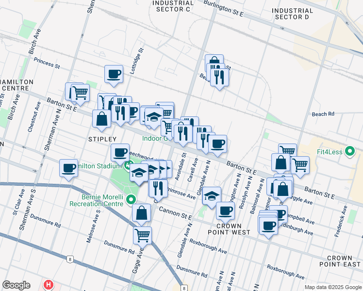 map of restaurants, bars, coffee shops, grocery stores, and more near 901A Barton Street East in Hamilton