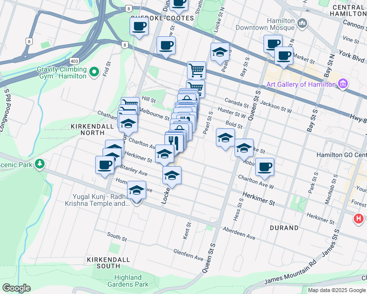 map of restaurants, bars, coffee shops, grocery stores, and more near 229 Locke Street South in Hamilton