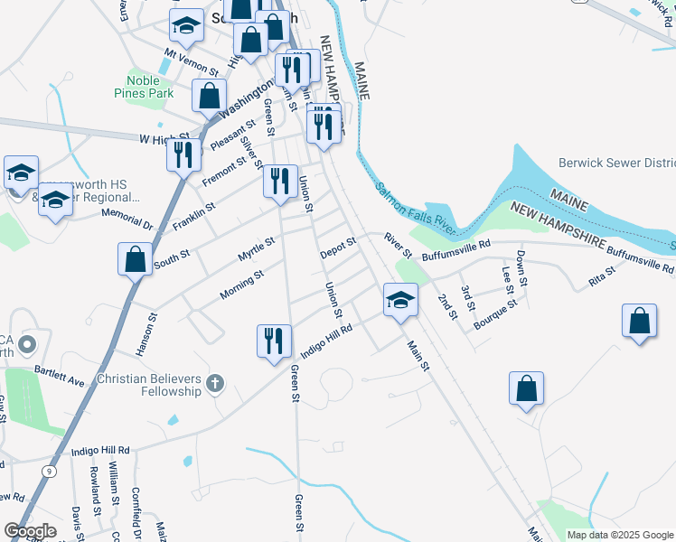 map of restaurants, bars, coffee shops, grocery stores, and more near 78 Union Street in Somersworth
