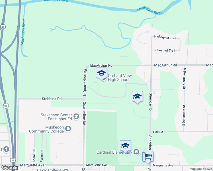 map of restaurants, bars, coffee shops, grocery stores, and more near 16 North Quarterline Road in Muskegon