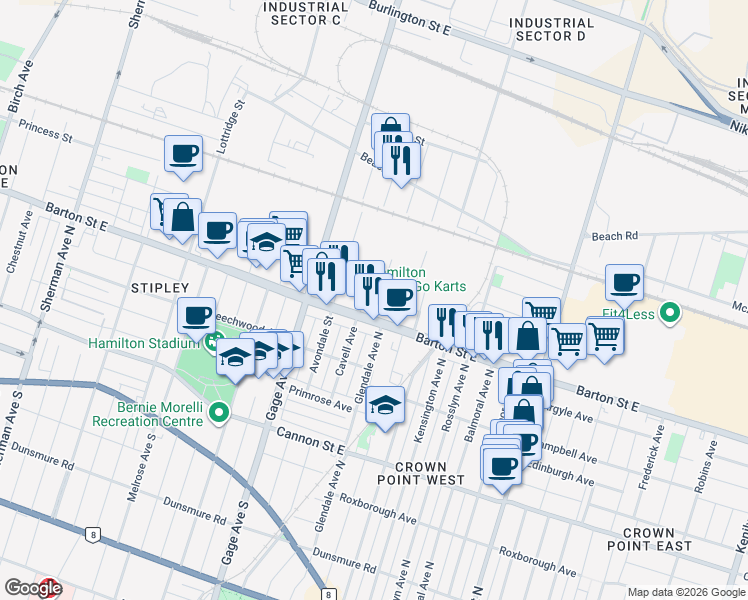 map of restaurants, bars, coffee shops, grocery stores, and more near in Hamilton