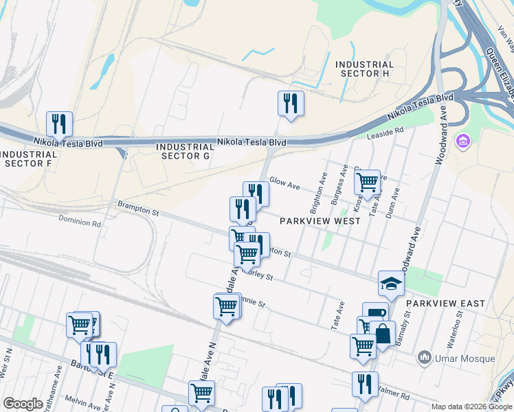 map of restaurants, bars, coffee shops, grocery stores, and more near 646 Parkdale Avenue North in Hamilton
