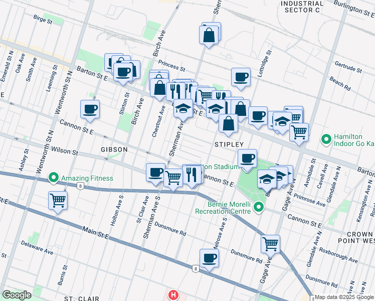 map of restaurants, bars, coffee shops, grocery stores, and more near 20 Rosemont Avenue in Hamilton