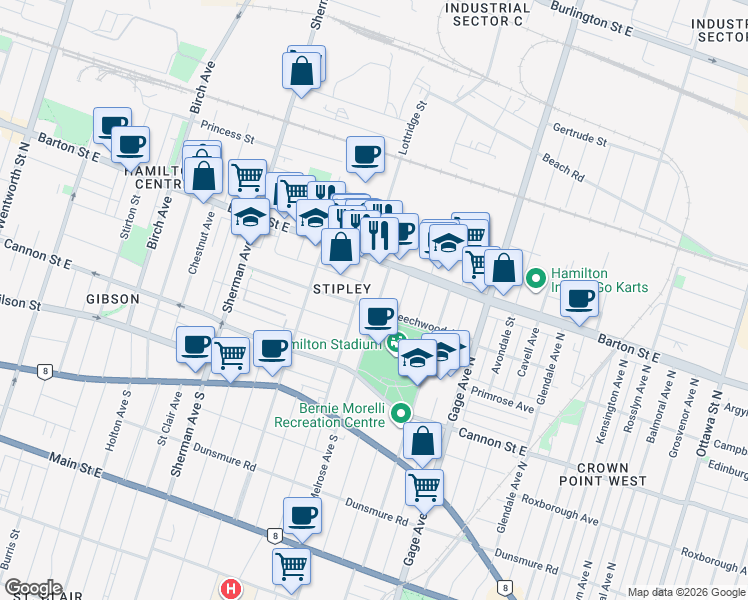 map of restaurants, bars, coffee shops, grocery stores, and more near 125 Melrose Avenue North in Hamilton