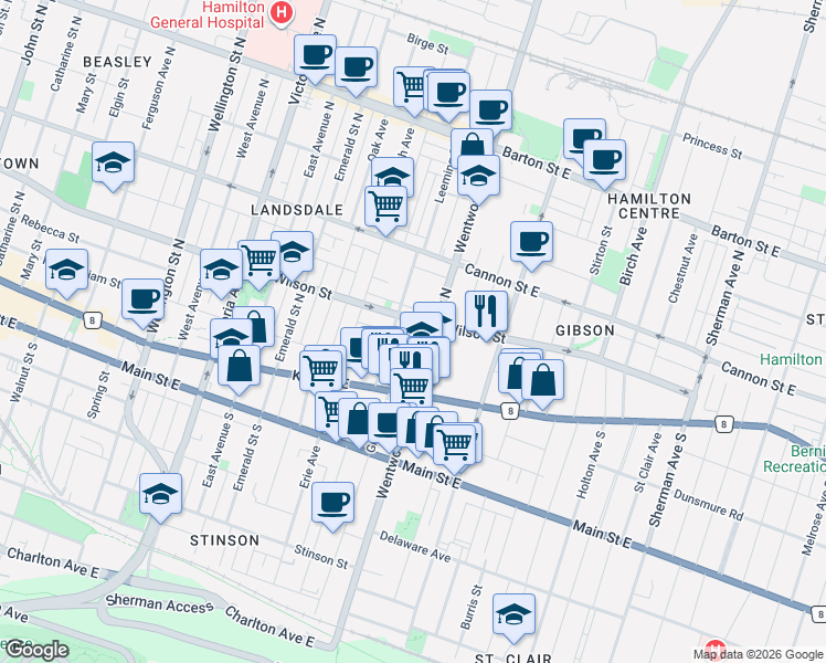 map of restaurants, bars, coffee shops, grocery stores, and more near 47 Nightingale Street in Hamilton