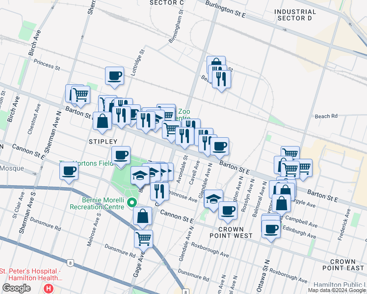 map of restaurants, bars, coffee shops, grocery stores, and more near 897 Barton Street East in Hamilton