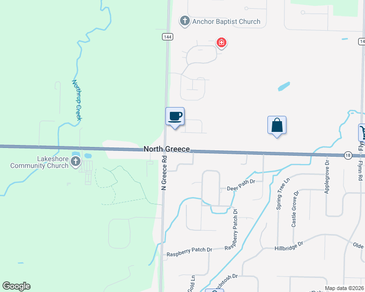 map of restaurants, bars, coffee shops, grocery stores, and more near 3546 Latta Road in Rochester