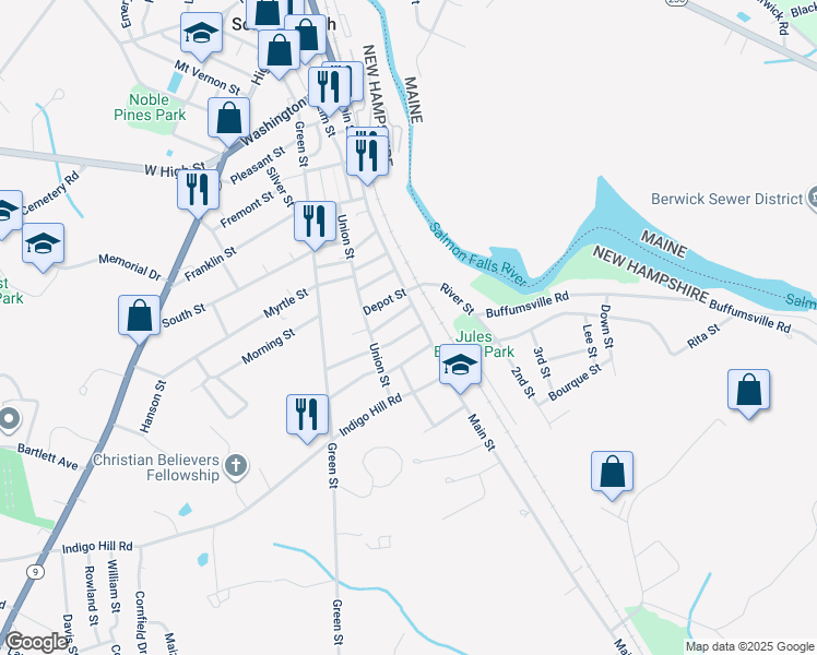 map of restaurants, bars, coffee shops, grocery stores, and more near 9 Mount Auburn Street in Somersworth