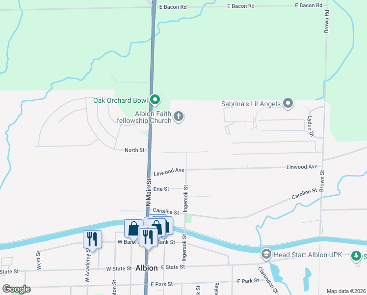 map of restaurants, bars, coffee shops, grocery stores, and more near 19 Elmwood Avenue in Albion