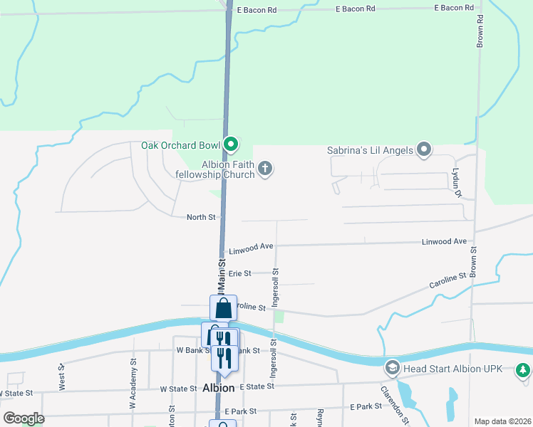 map of restaurants, bars, coffee shops, grocery stores, and more near 19 Elmwood Avenue in Albion