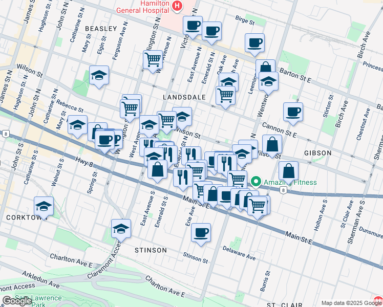 map of restaurants, bars, coffee shops, grocery stores, and more near in Hamilton