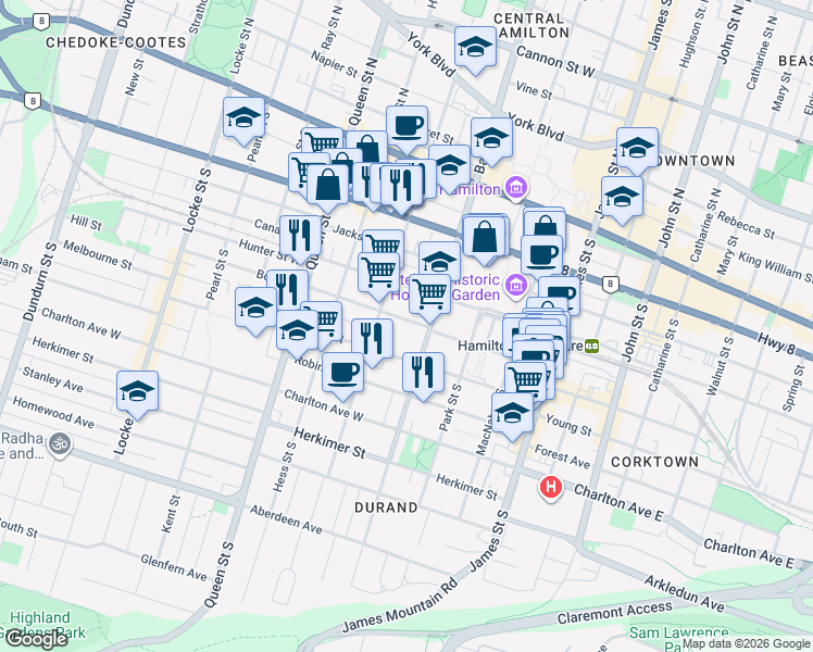 map of restaurants, bars, coffee shops, grocery stores, and more near in Hamilton