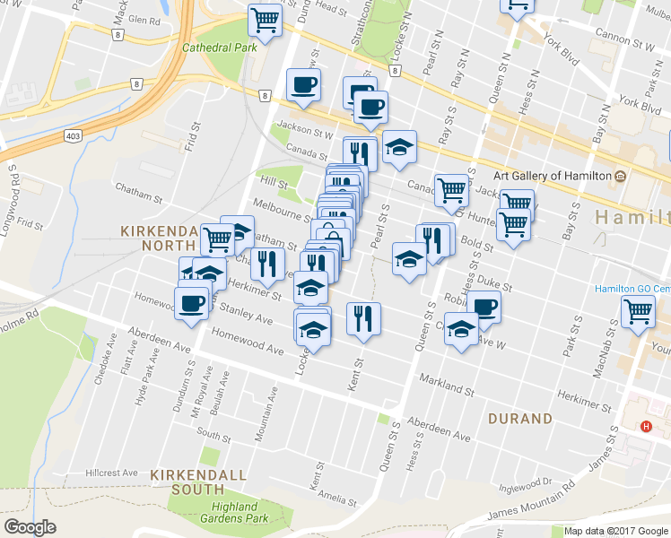 map of restaurants, bars, coffee shops, grocery stores, and more near 229 Locke Street South in Hamilton
