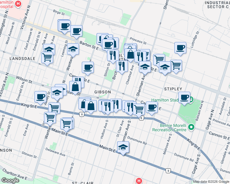 map of restaurants, bars, coffee shops, grocery stores, and more near 564 Cannon Street East in Hamilton