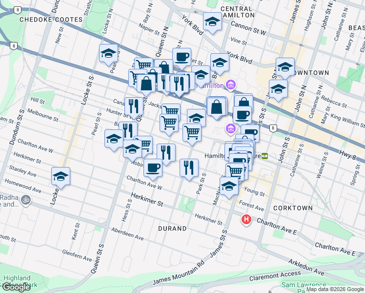 map of restaurants, bars, coffee shops, grocery stores, and more near 123 Bold Street in Hamilton