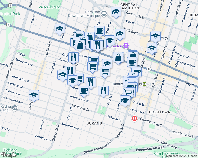 map of restaurants, bars, coffee shops, grocery stores, and more near in Hamilton