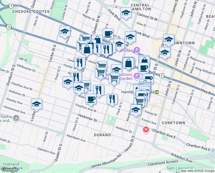 map of restaurants, bars, coffee shops, grocery stores, and more near 125 Bold Street in Hamilton