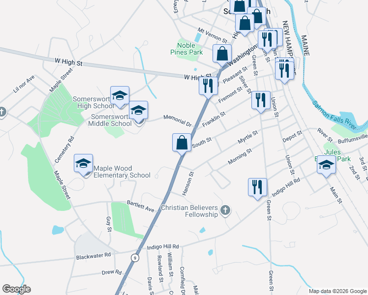 map of restaurants, bars, coffee shops, grocery stores, and more near 247 High Street in Somersworth