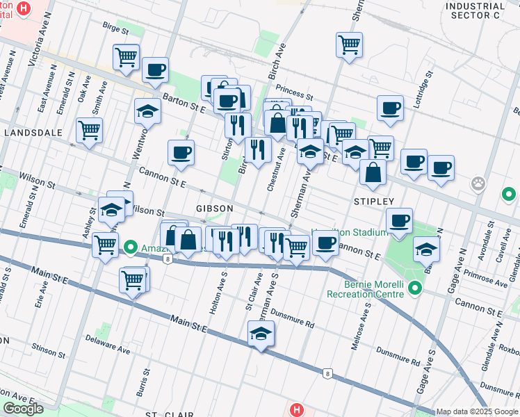 map of restaurants, bars, coffee shops, grocery stores, and more near 583 Cannon Street East in Hamilton