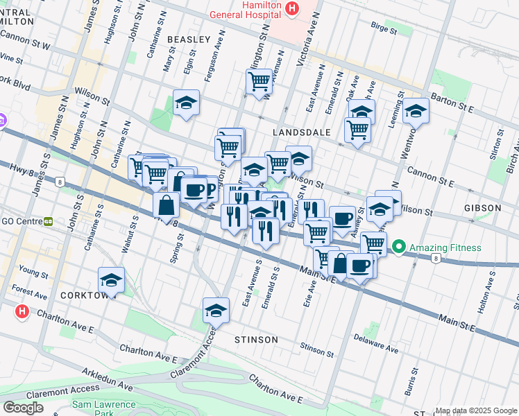 map of restaurants, bars, coffee shops, grocery stores, and more near 30 Victoria Avenue North in Hamilton