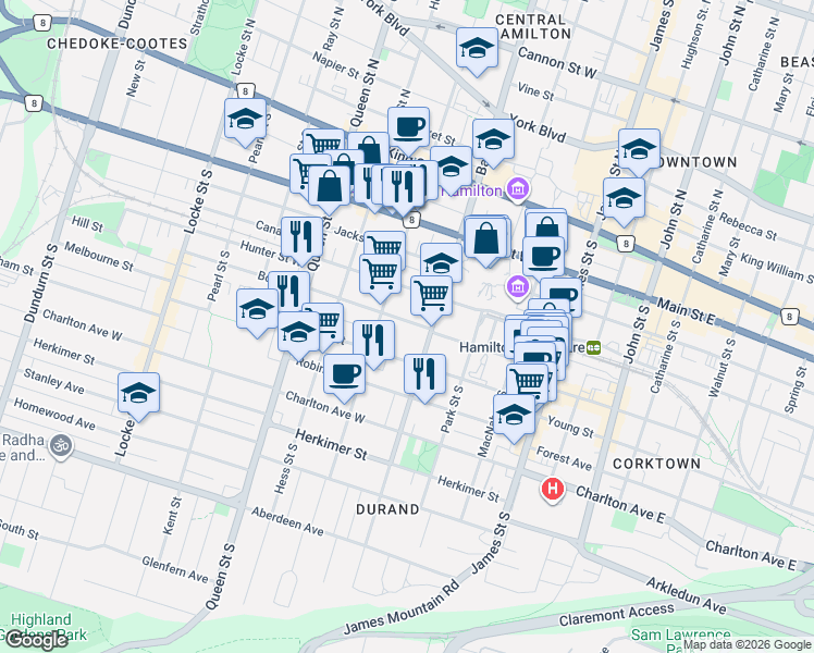 map of restaurants, bars, coffee shops, grocery stores, and more near 125 Bold Street in Hamilton