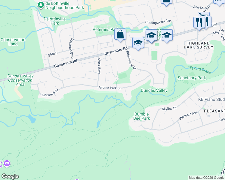 map of restaurants, bars, coffee shops, grocery stores, and more near 60 Jerome Park Drive in Hamilton