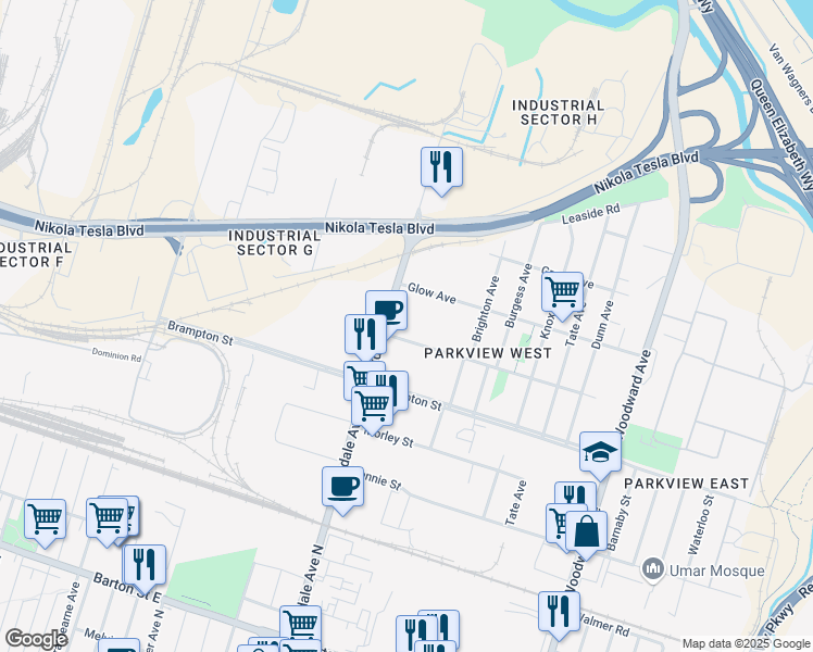 map of restaurants, bars, coffee shops, grocery stores, and more near 652 Parkdale Avenue North in Hamilton
