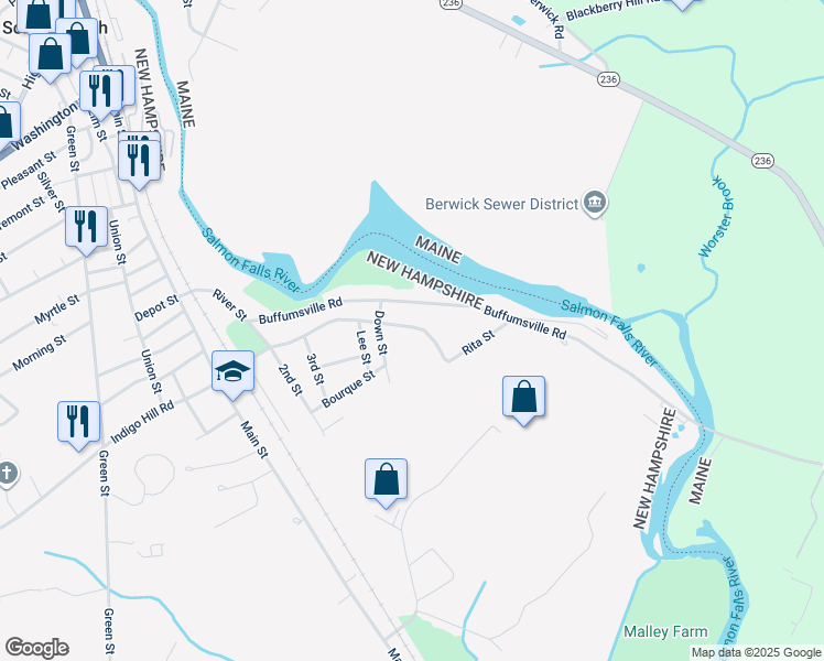 map of restaurants, bars, coffee shops, grocery stores, and more near 145 Indigo Hill Road in Somersworth
