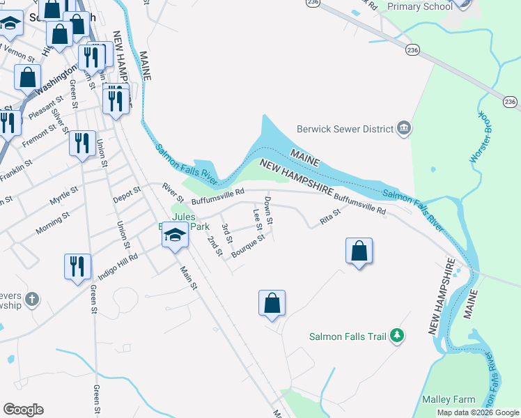 map of restaurants, bars, coffee shops, grocery stores, and more near 137 Indigo Hill Road in Somersworth