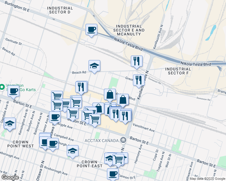 map of restaurants, bars, coffee shops, grocery stores, and more near 14 Benson Avenue in Hamilton