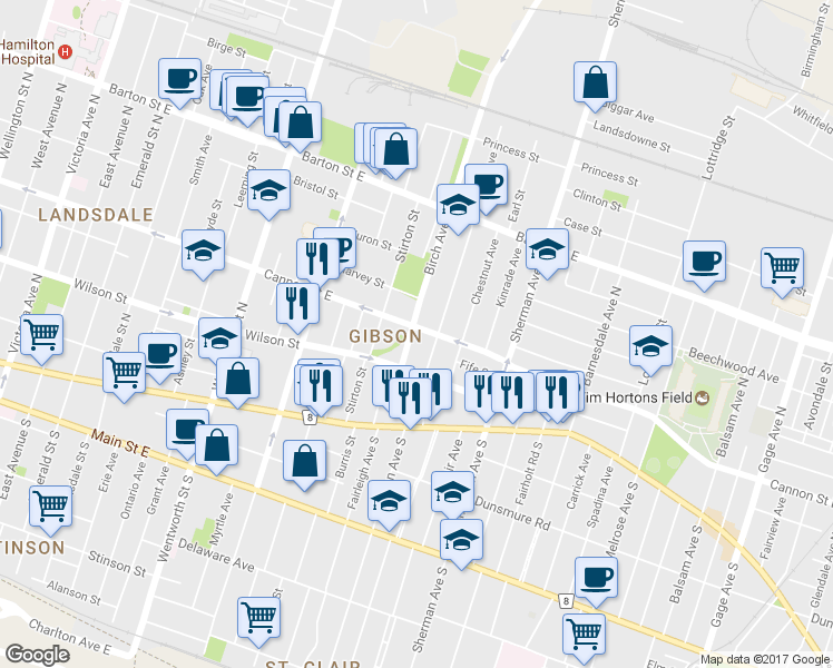 map of restaurants, bars, coffee shops, grocery stores, and more near in Hamilton